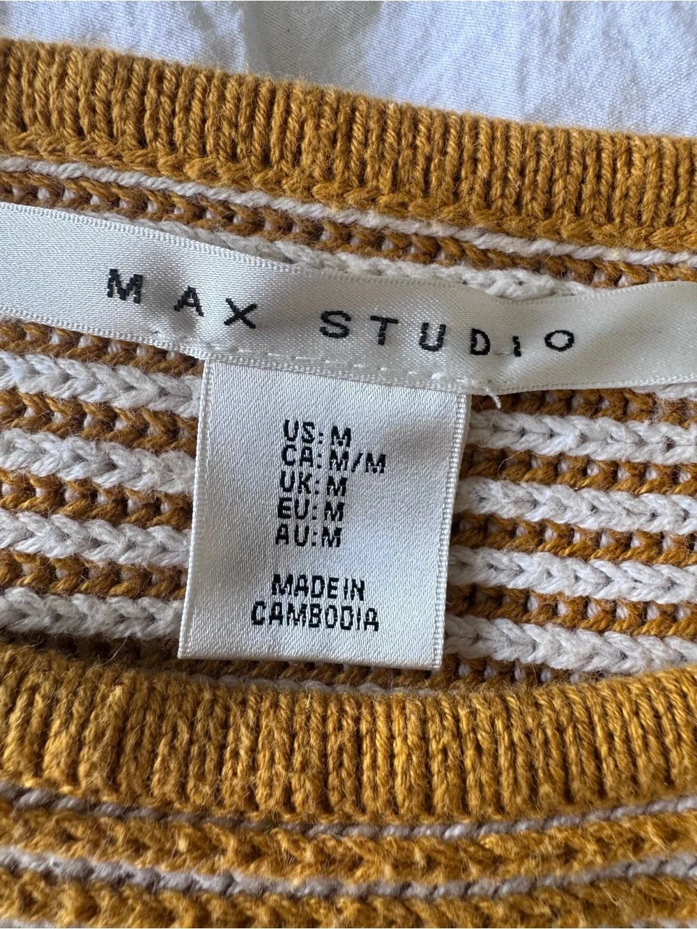 Max Studio Mustard and Cream Striped Crewneck Sweater